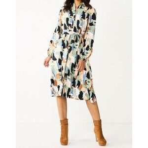 Nine West Patchwork Midi Dress Small Belted Long Sleeve Button Down Collared